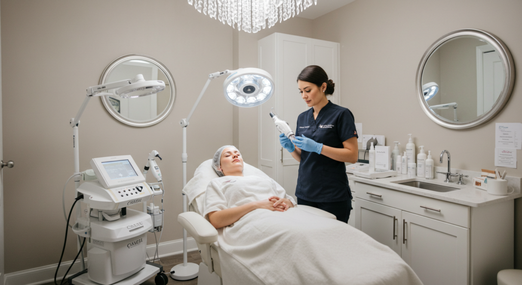 Medical spa practitioner preparing a client for their first microneedling session.